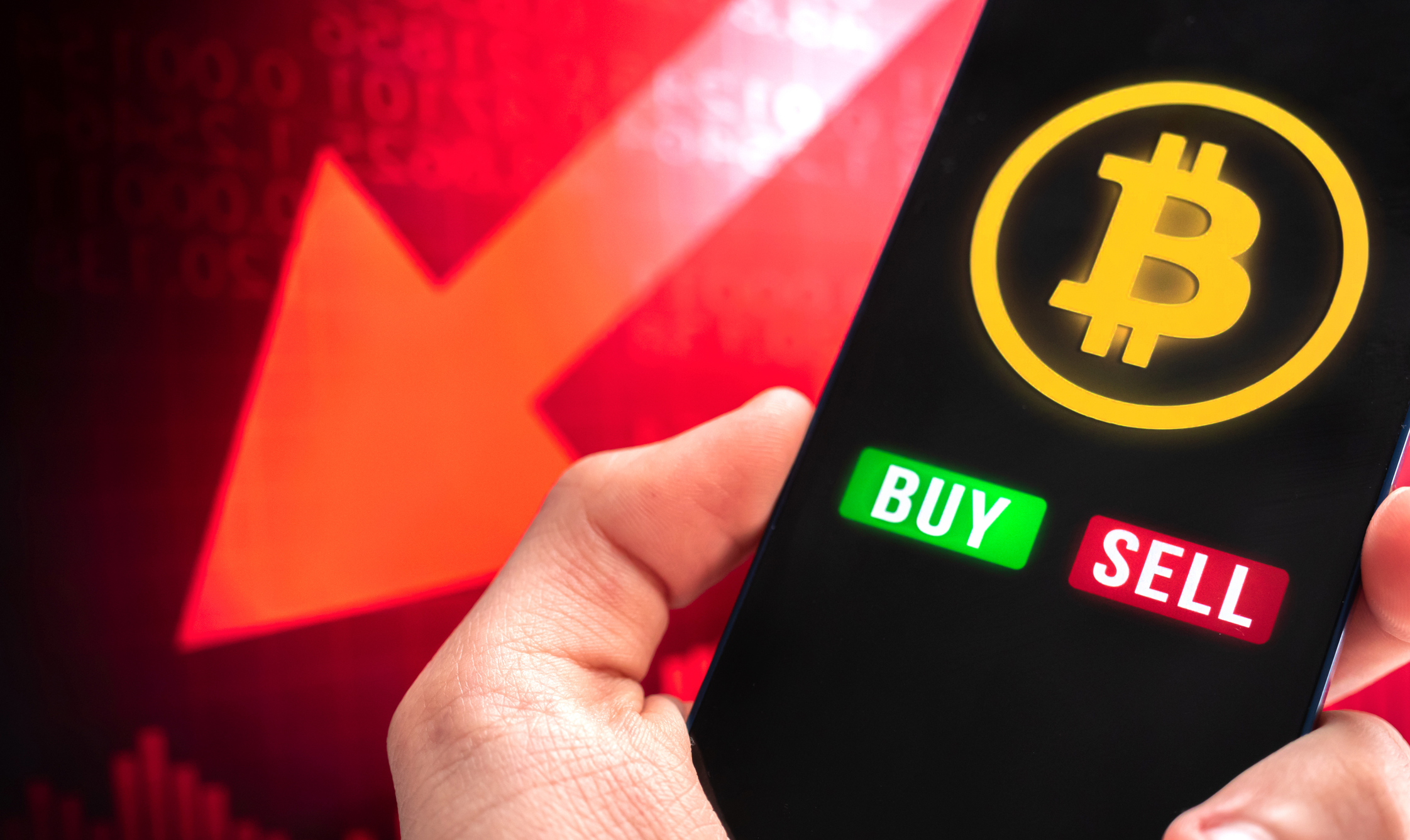 Modern way of exchange, bitcoin convenient payment method in global economy market background. Smartphone in hand. Financial investment with virtual digital currency