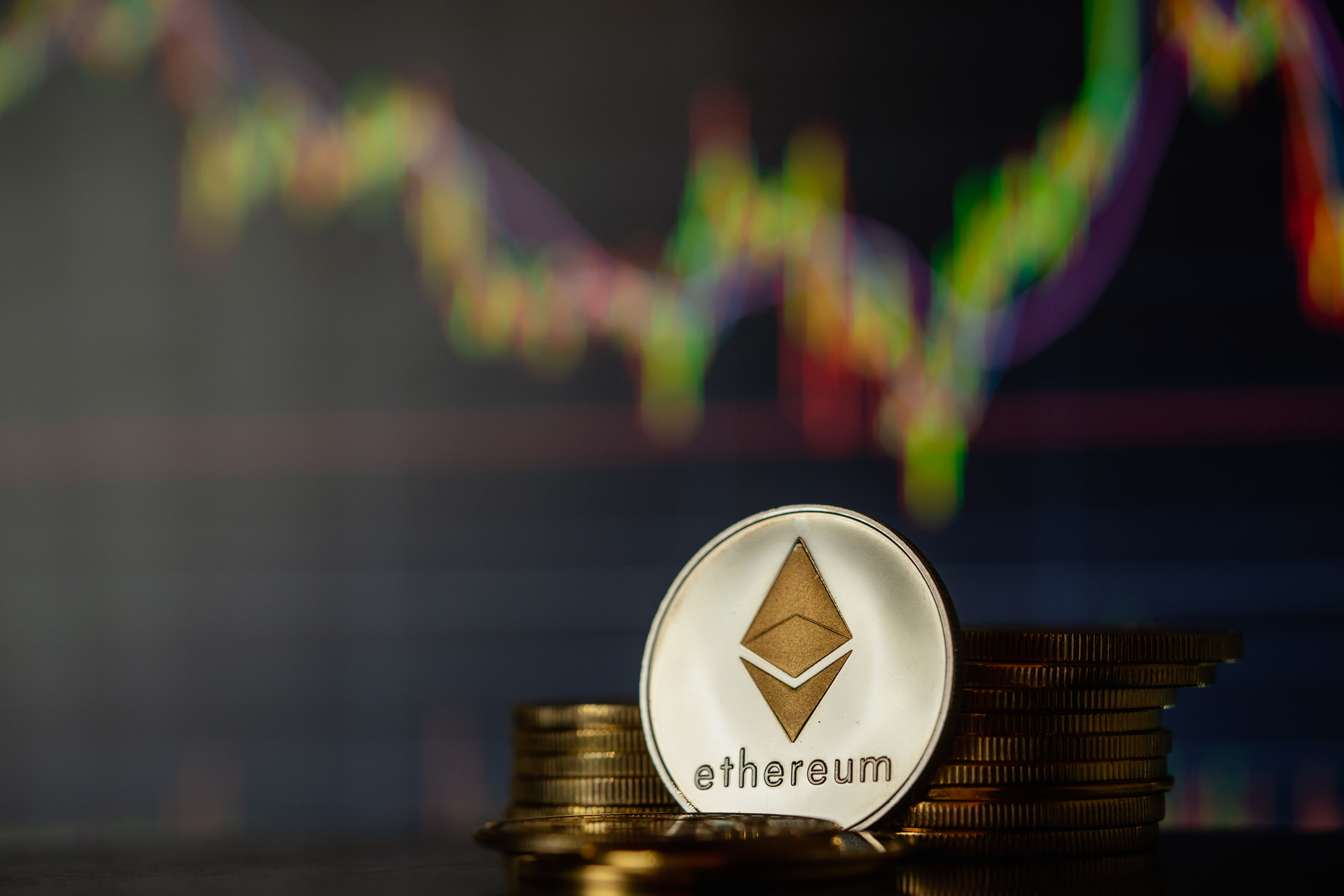 Gold Ethereum with candle stick graph chart and digital background