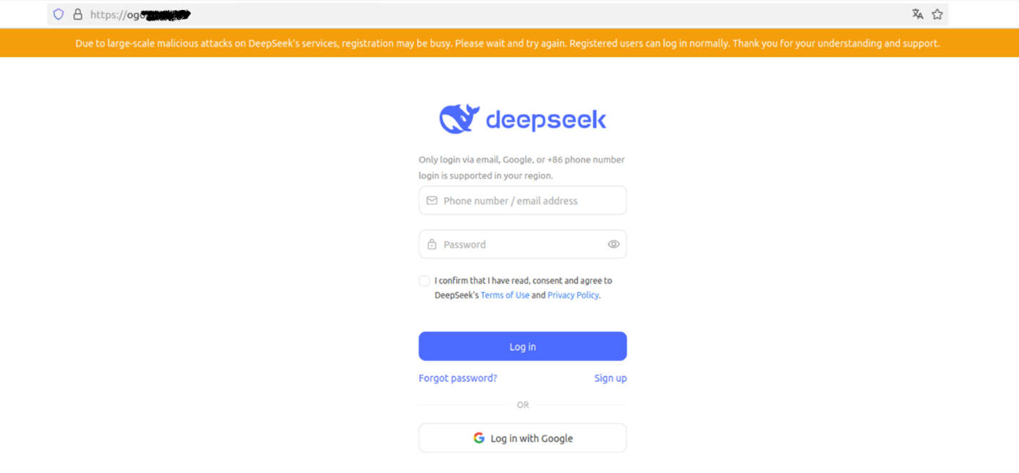 Un exemplu de pagină falsă de înregistrare DeepSeek