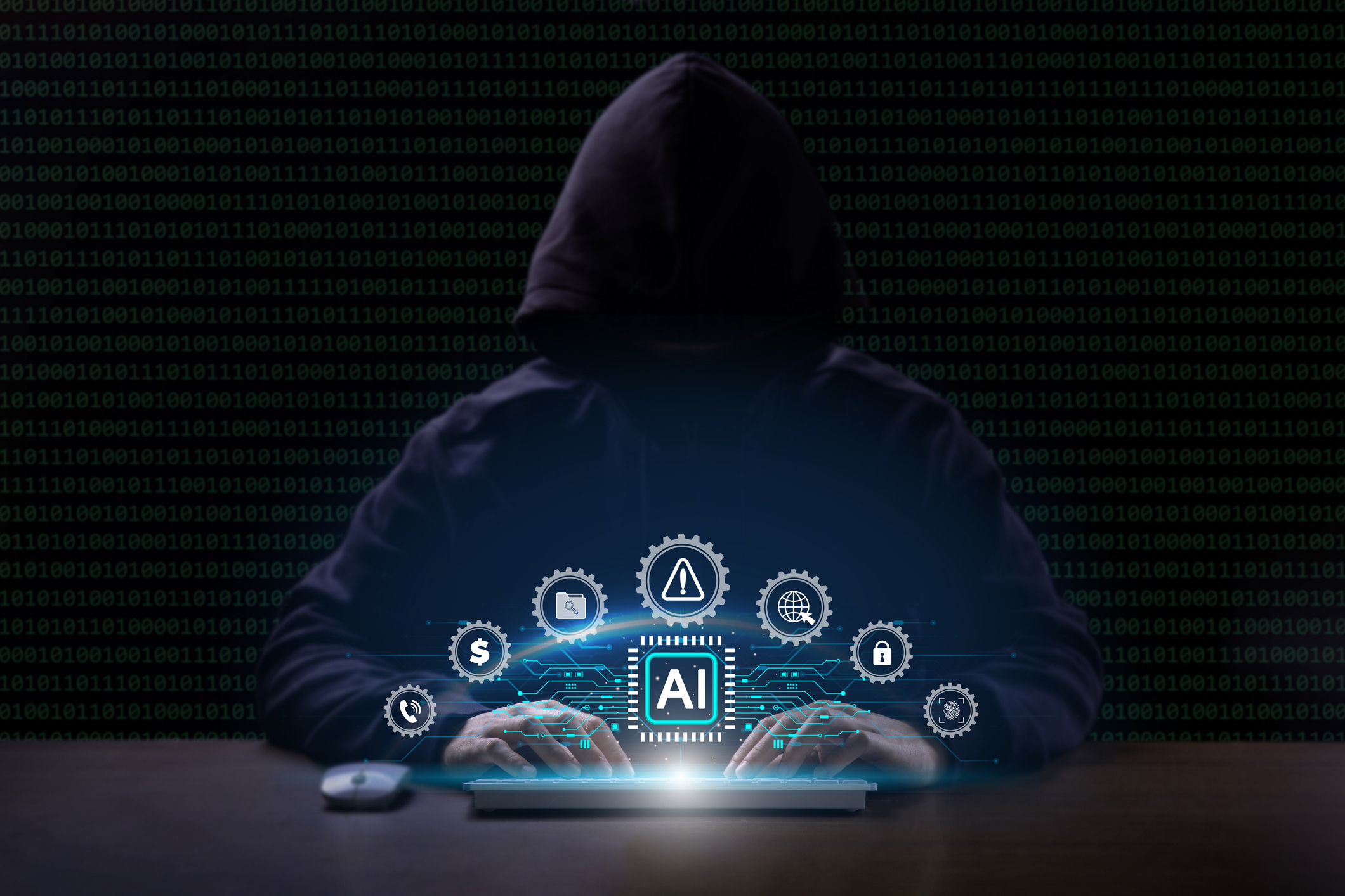 Cyber security and Tech warning or scam concept. Hackers utilize AI (Artificial Intelligence) algorithms to automate attacks, increasing speed, scalability, and sophistication. Ethical Hacking.