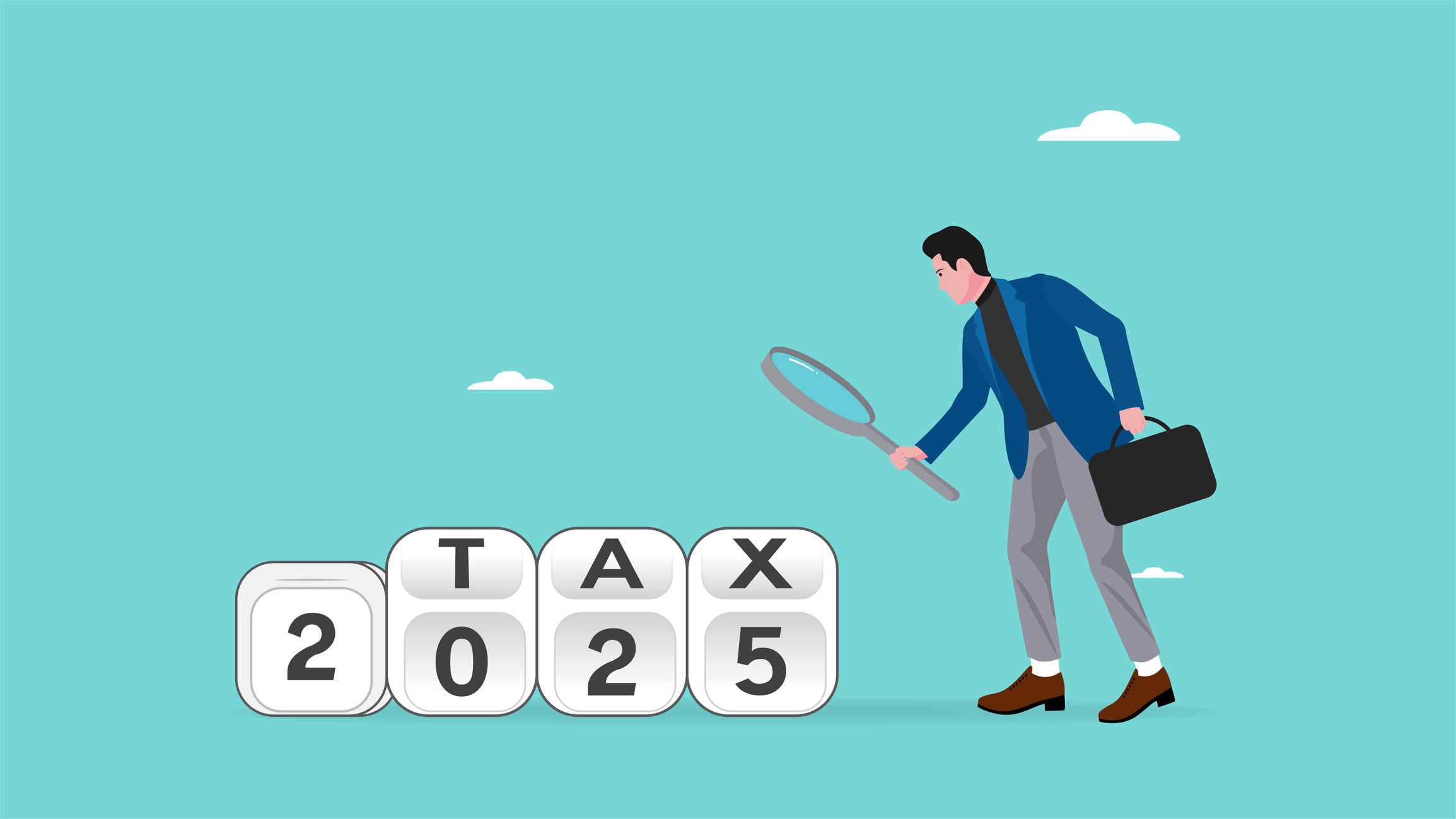 2025 tax, tax percentage policy each year, businessman uses a magnifying glass to observe changes in tax percentage in 2025